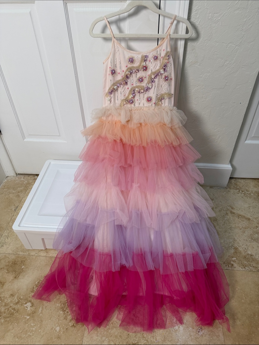Tutu Du Monde Ombre Ruffled Tulle Gown in Pink, Purple & Peach